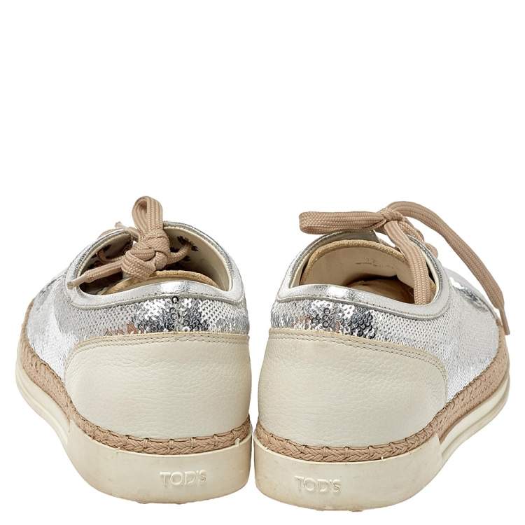 Pre Owned Tod's Metallic Silver Leather And Sequin Low Top Sneakers Size 37