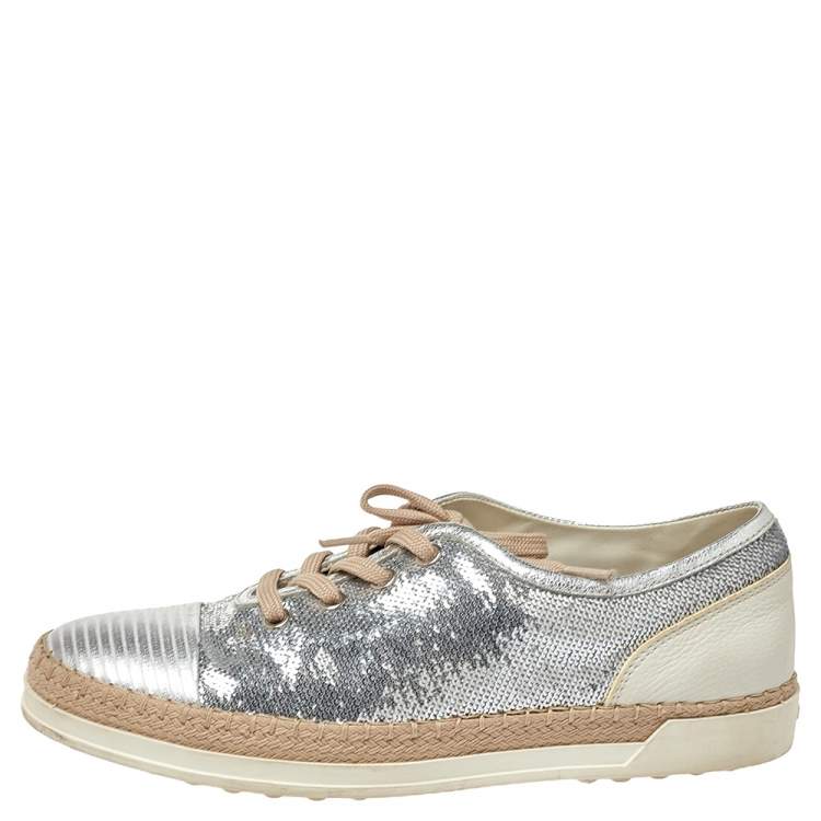 Pre Owned Tod's Metallic Silver Leather And Sequin Low Top Sneakers Size 37