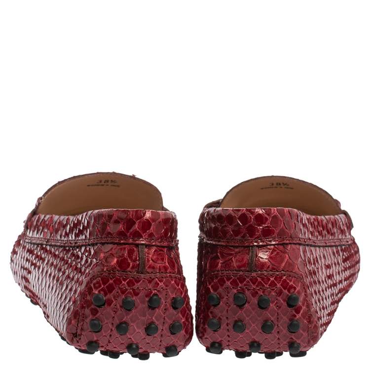 Pre Owned Tod's Red Python Double T Slip On Loafers Size 38.5