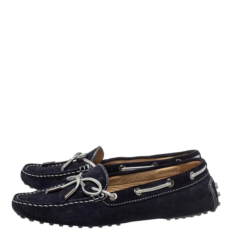 Pre Owned Tod's Navy Blue Suede Bow Slip On Loafers Size 37