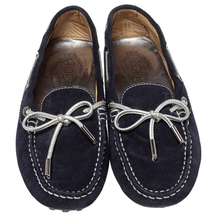 Pre Owned Tod's Navy Blue Suede Bow Slip On Loafers Size 37