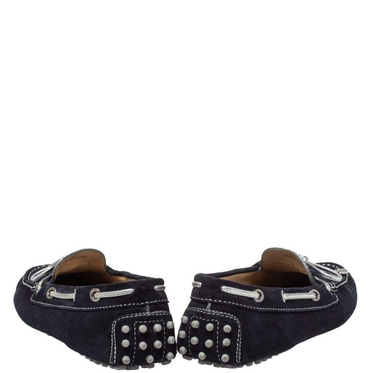 Pre Owned Tod's Navy Blue Suede Bow Slip On Loafers Size 37