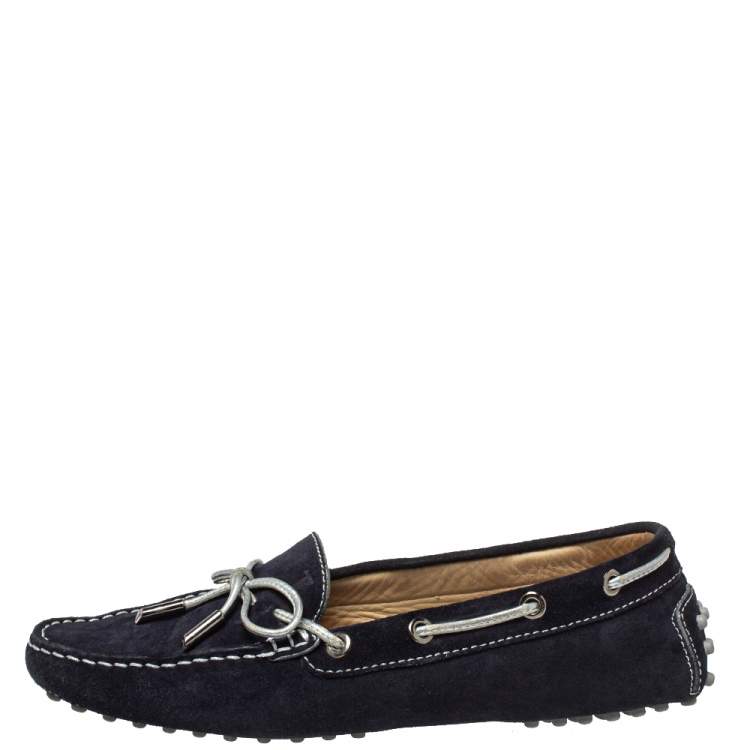 Pre Owned Tod's Navy Blue Suede Bow Slip On Loafers Size 37