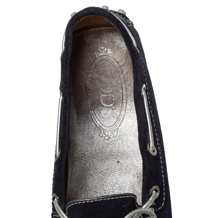 Pre Owned Tod's Navy Blue Suede Bow Slip On Loafers Size 37