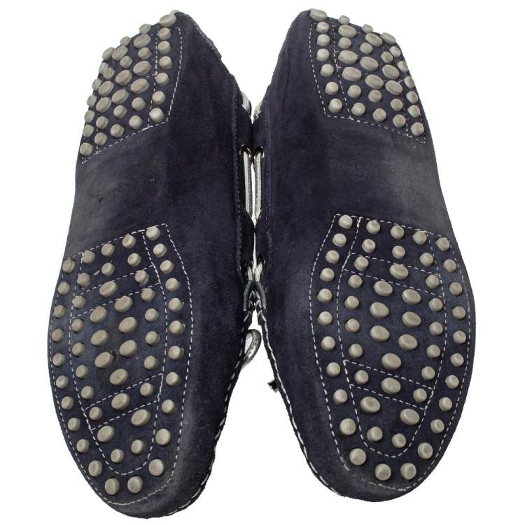 Pre Owned Tod's Navy Blue Suede Bow Slip On Loafers Size 37
