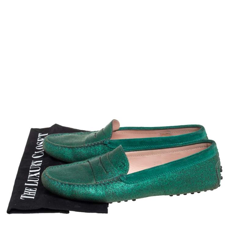 مملوكة مسبقًا Tod's Green Glitter Penny Slip On Loafers Size 39.5