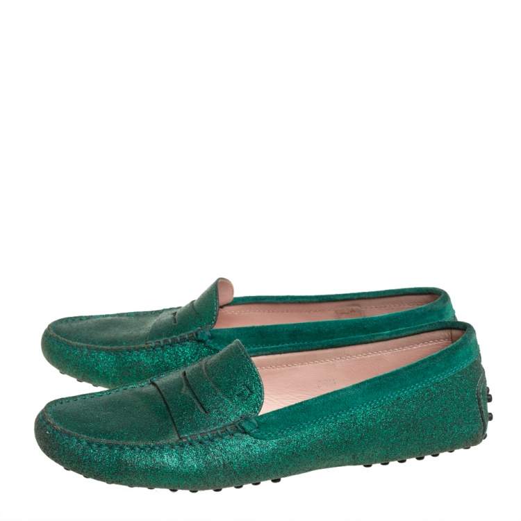 مملوكة مسبقًا Tod's Green Glitter Penny Slip On Loafers Size 39.5