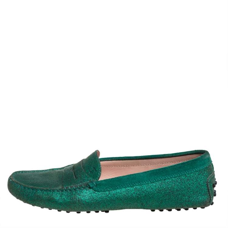 مملوكة مسبقًا Tod's Green Glitter Penny Slip On Loafers Size 39.5