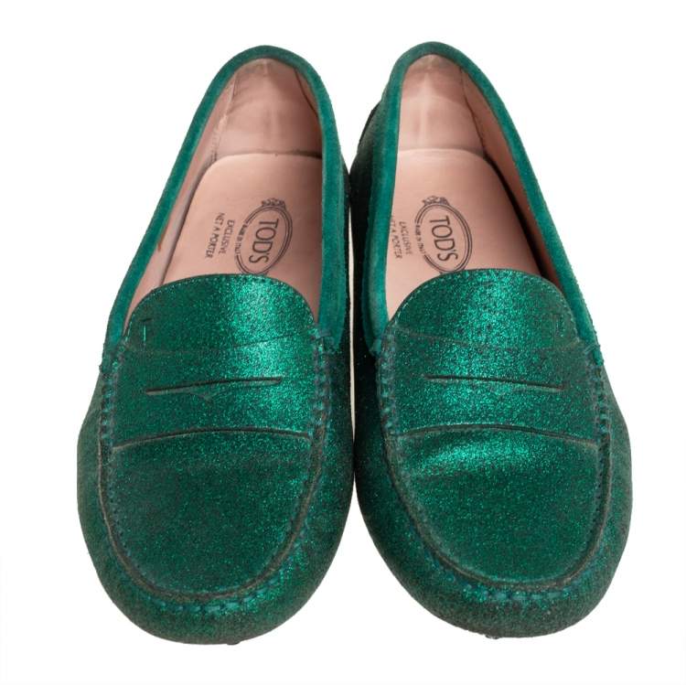 مملوكة مسبقًا Tod's Green Glitter Penny Slip On Loafers Size 39.5