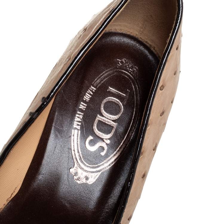 Pre Owned Tod's Grey/Brown Ostrich Leather And Patent Leather Loafer Pumps Size 37.5
