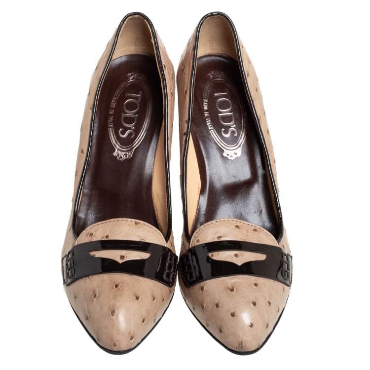 Pre Owned Tod's Grey/Brown Ostrich Leather And Patent Leather Loafer Pumps Size 37.5