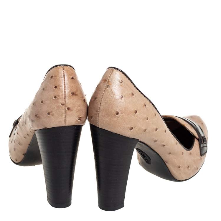 Pre Owned Tod's Grey/Brown Ostrich Leather And Patent Leather Loafer Pumps Size 37.5