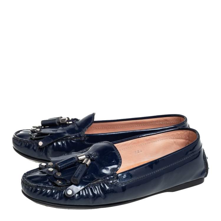 Pre Owned Tod's Blue Patent Leather Slip On Loafers Size 38.5 