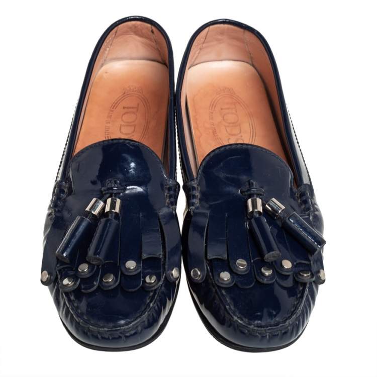 Pre Owned Tod's Blue Patent Leather Slip On Loafers Size 38.5 