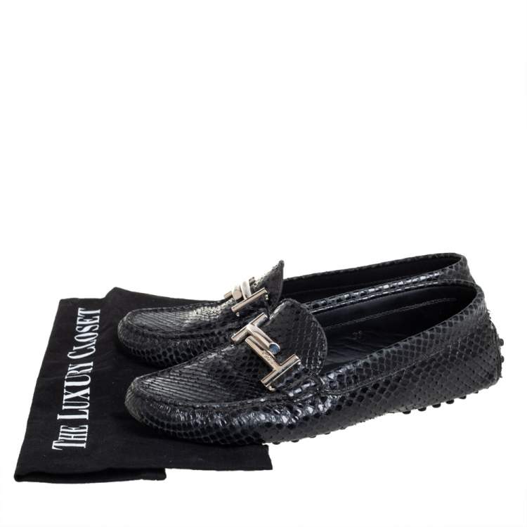 Pre Owned Tod's Black Python Double T Slip On Loafers Size 37