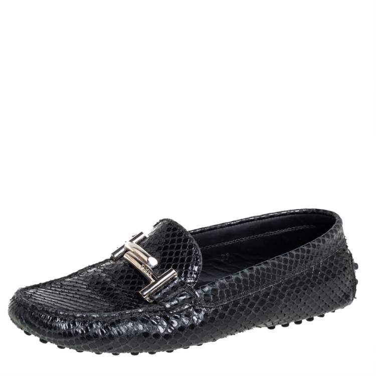 Pre Owned Tod's Black Python Double T Slip On Loafers Size 37