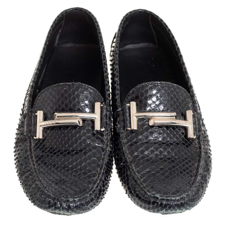 Pre Owned Tod's Black Python Double T Slip On Loafers Size 37