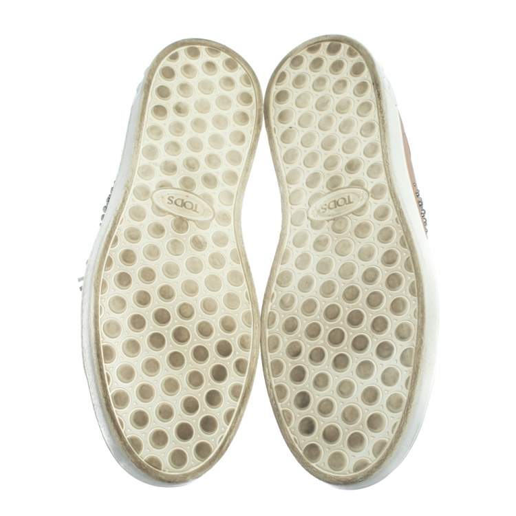 Pre Owned Tod's Beige Leather Studded Lace Up Sneakers Size 38