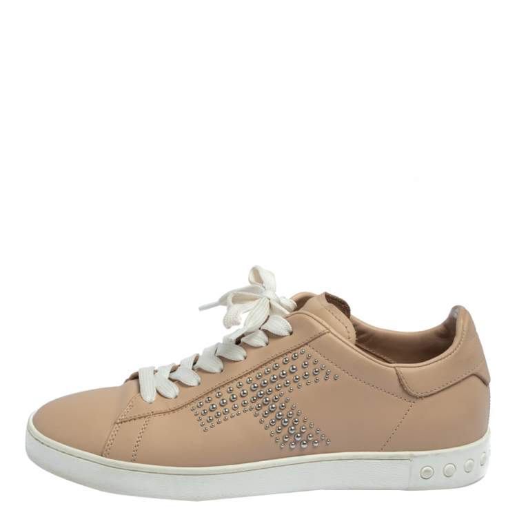 Pre Owned Tod's Beige Leather Studded Lace Up Sneakers Size 38