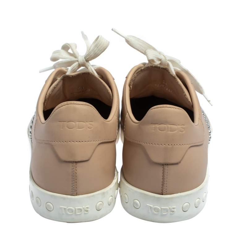 Pre Owned Tod's Beige Leather Studded Lace Up Sneakers Size 38