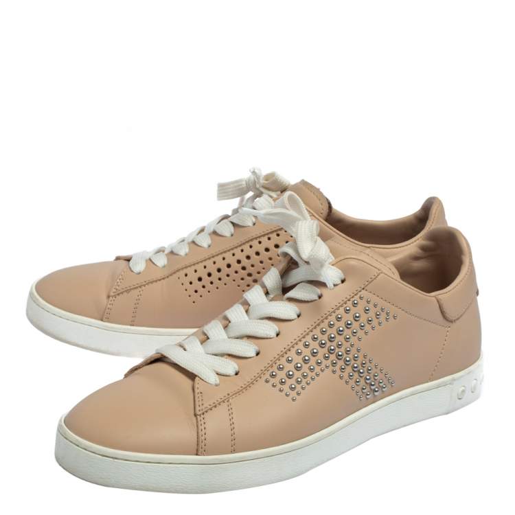 Pre Owned Tod's Beige Leather Studded Lace Up Sneakers Size 38