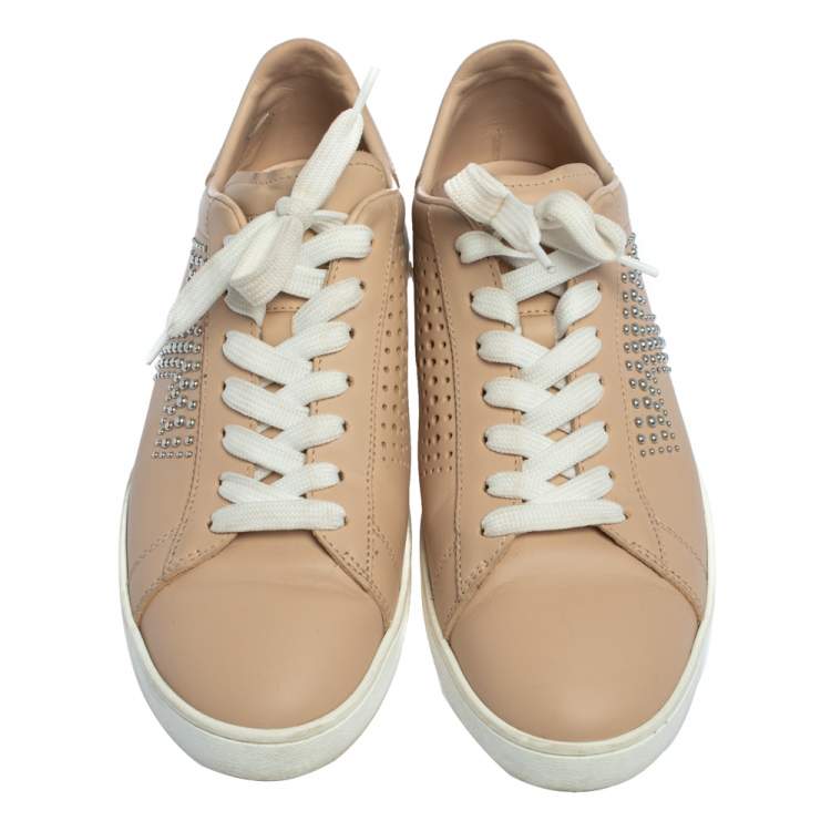 Pre Owned Tod's Beige Leather Studded Lace Up Sneakers Size 38