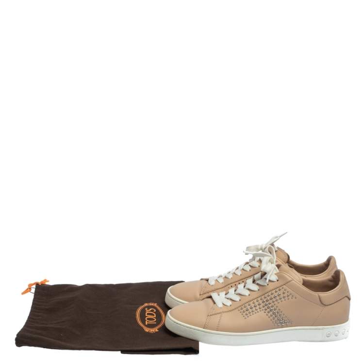 Pre Owned Tod's Beige Leather Studded Lace Up Sneakers Size 38