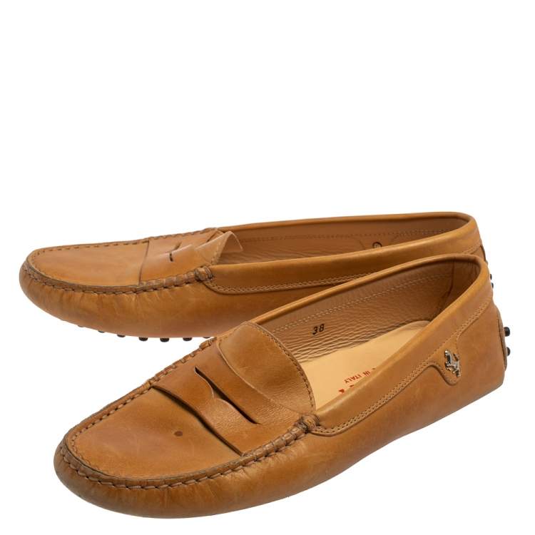Pre Owned Tod's For Ferrari Tan Leather Slip On Loafers Size 38
