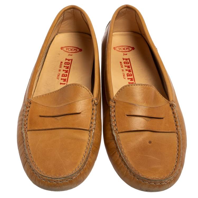 Pre Owned Tod's For Ferrari Tan Leather Slip On Loafers Size 38