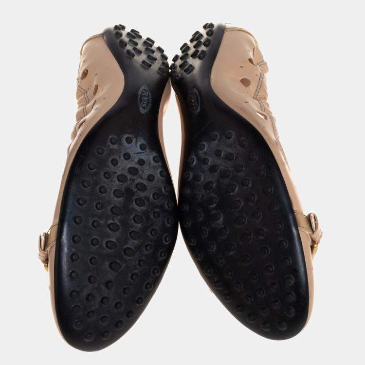 Pre Owned Tod's Beige Leather And Patent Circle Laser Cut Scrunch Ballet Flats Size 40