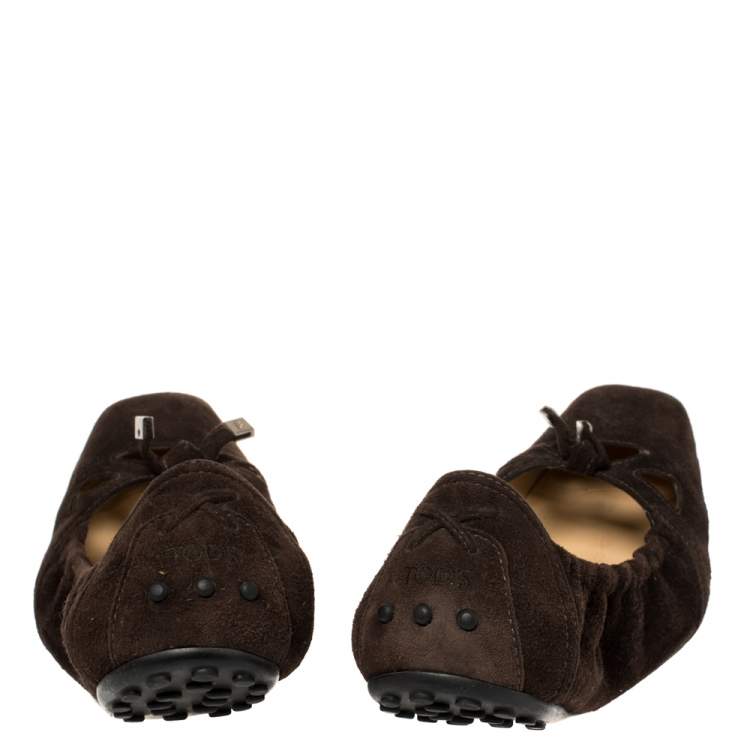 Pre Owned Tod's Brown Suede Bow Scrunch Ballet Flats Size 40.5