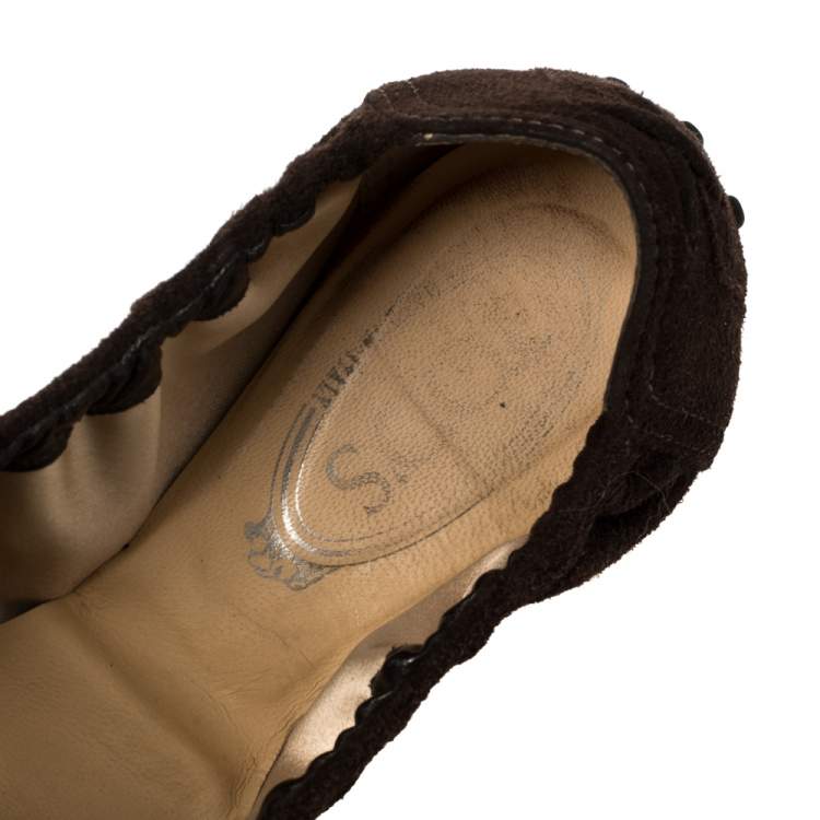 Pre Owned Tod's Brown Suede Bow Scrunch Ballet Flats Size 40.5