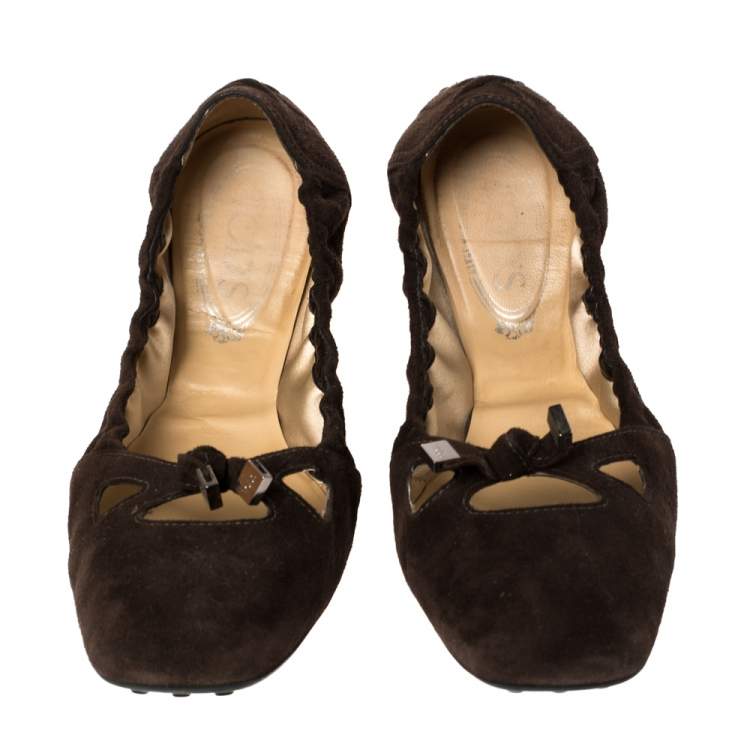 Pre Owned Tod's Brown Suede Bow Scrunch Ballet Flats Size 40.5