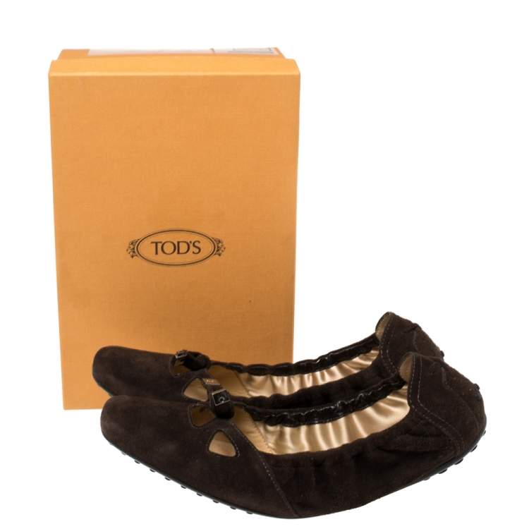 Pre Owned Tod's Brown Suede Bow Scrunch Ballet Flats Size 40.5