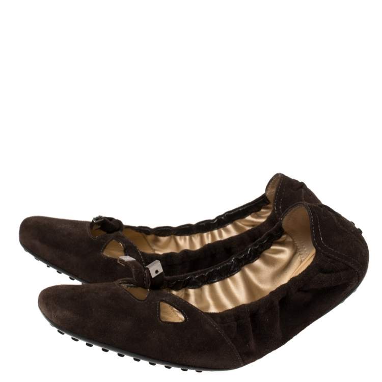 Pre Owned Tod's Brown Suede Bow Scrunch Ballet Flats Size 40.5