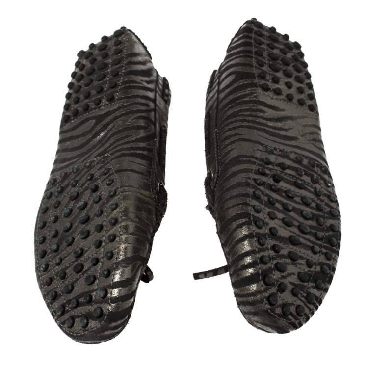 Pre Owned Tod's  Black/Grey Zebra Print Leather Gommini Driving Loafers Size 38