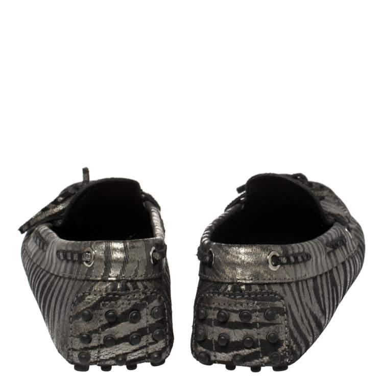 Pre Owned Tod's  Black/Grey Zebra Print Leather Gommini Driving Loafers Size 38