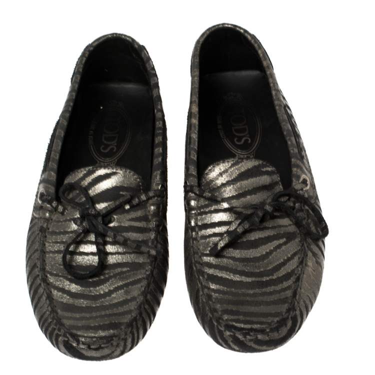 Pre Owned Tod's  Black/Grey Zebra Print Leather Gommini Driving Loafers Size 38