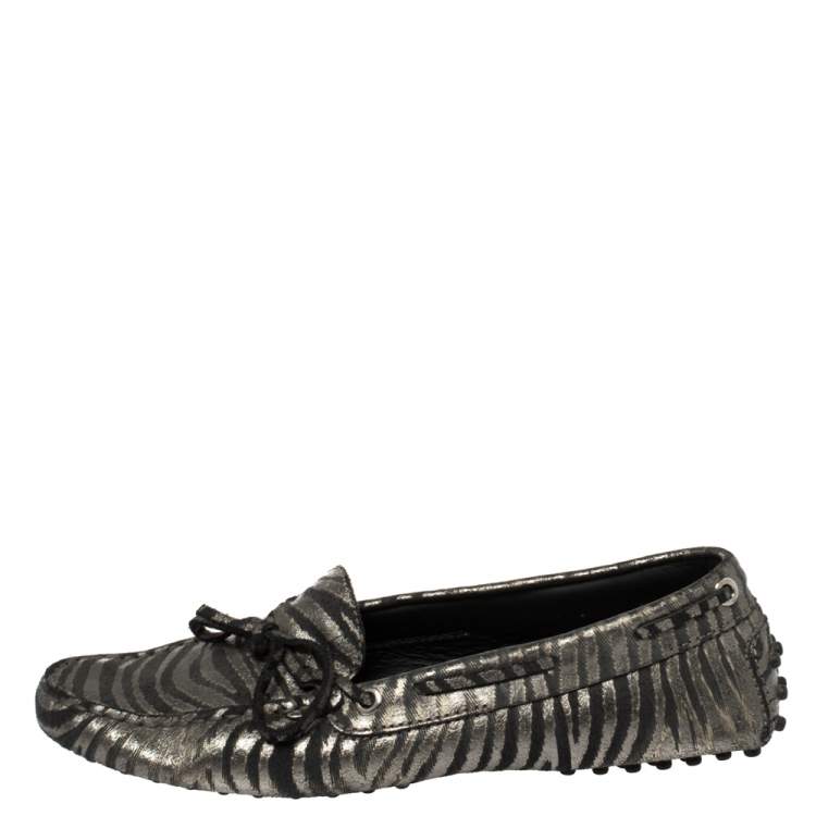 Pre Owned Tod's  Black/Grey Zebra Print Leather Gommini Driving Loafers Size 38