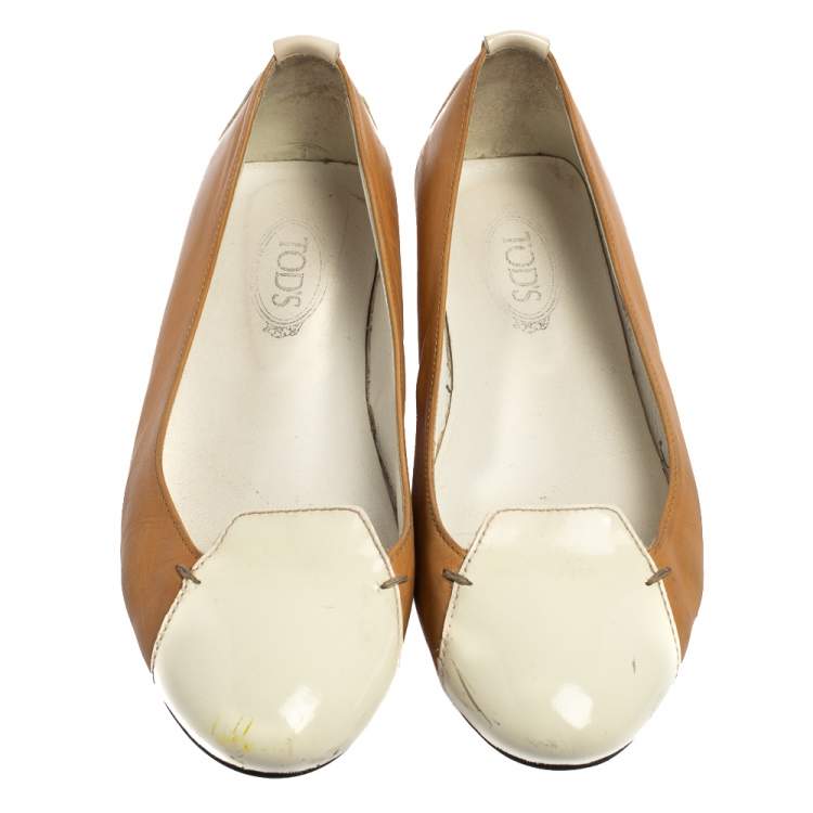 Pre Owned Tod's White/Brown Patent And Leather Ballet Flats Size 36