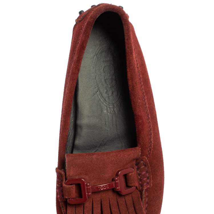 Pre Owned Tod's Burgundy Suede Tassel Slip On Loafers Size 35.5
