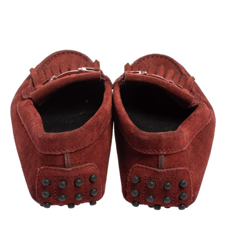 Pre Owned Tod's Burgundy Suede Tassel Slip On Loafers Size 35.5