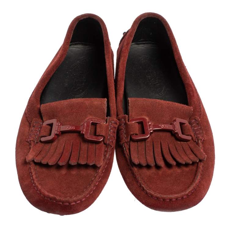 Pre Owned Tod's Burgundy Suede Tassel Slip On Loafers Size 35.5