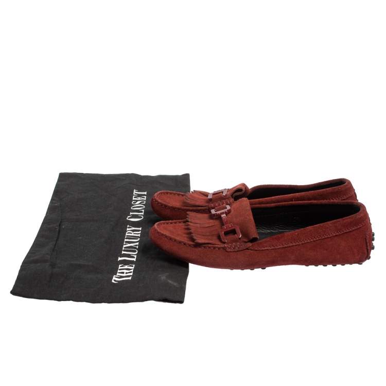 Pre Owned Tod's Burgundy Suede Tassel Slip On Loafers Size 35.5