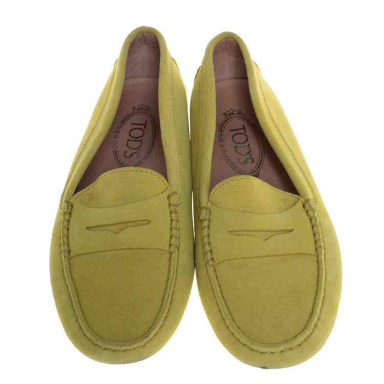 Pre Owned Tod's Neon Yellow Suede Penny Loafers Size 38