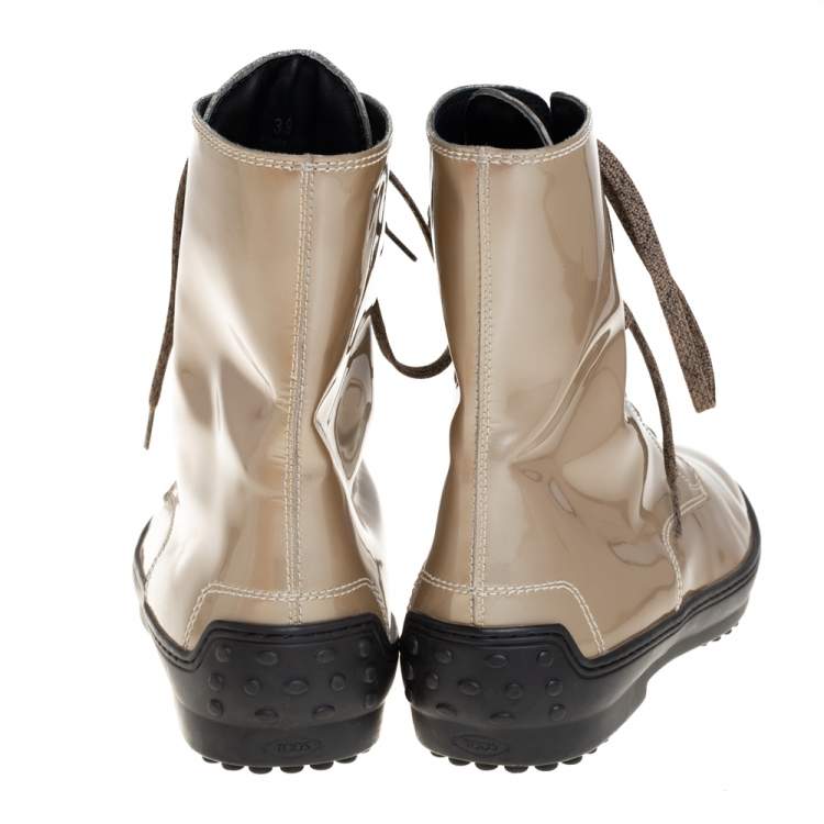 Pre Owned Tod's Metallic Beige Patent Leather Lace Up Boots Size 39