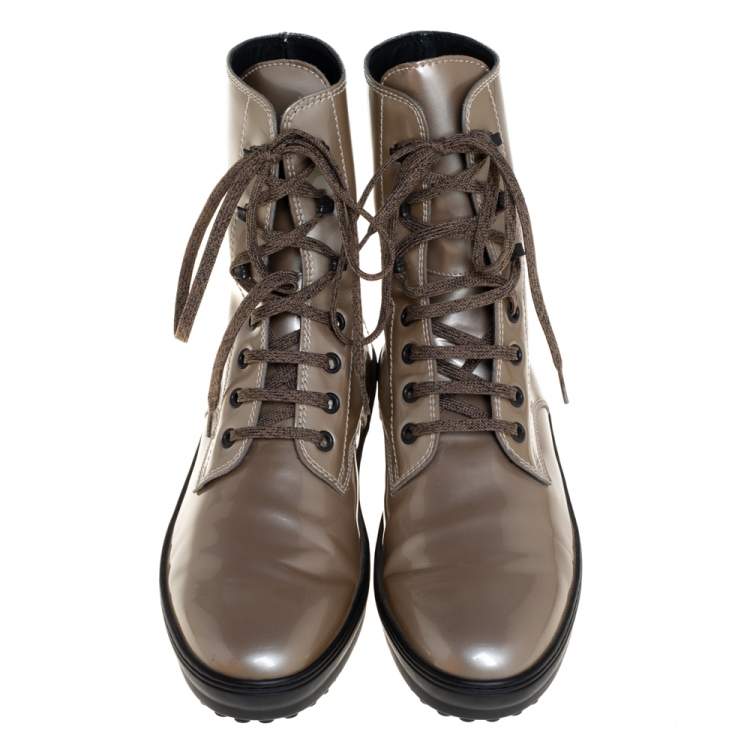 Pre Owned Tod's Metallic Beige Patent Leather Lace Up Boots Size 39