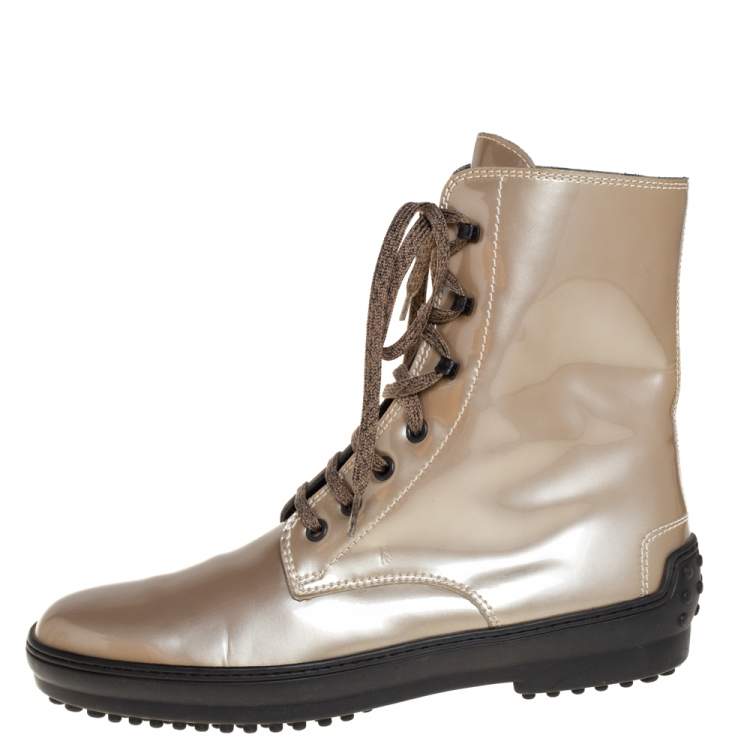 Pre Owned Tod's Metallic Beige Patent Leather Lace Up Boots Size 39