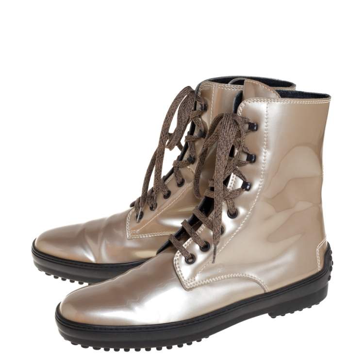 Pre Owned Tod's Metallic Beige Patent Leather Lace Up Boots Size 39