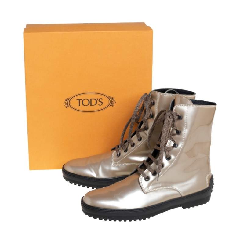 Pre Owned Tod's Metallic Beige Patent Leather Lace Up Boots Size 39